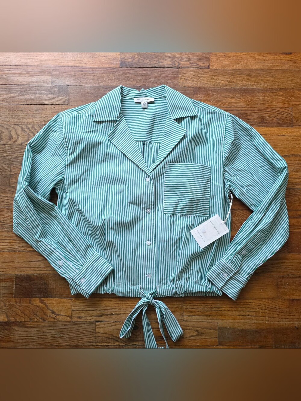 Green Striped Tie-Hem Button-Up Blouse
